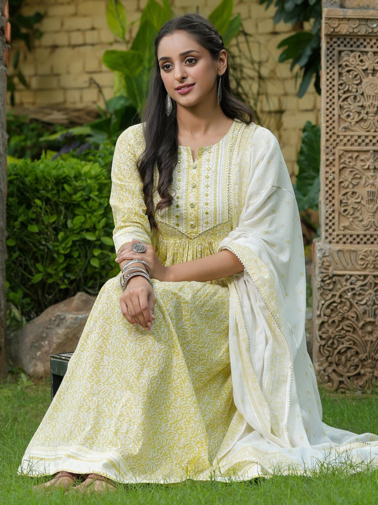PIROH Womens Cotton Paisley Jaal Print Flared Gown with Dupatta - Lime Yellow (Set of 2)