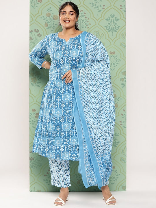 Yufta Plus Size Floral Printed Regular Pure Cotton Kurta with Trousers & Dupatta