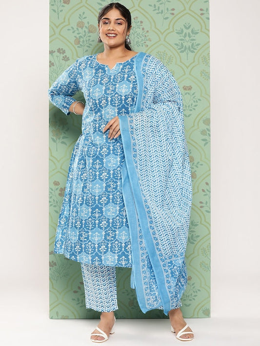 Yufta Plus Size Floral Printed Regular Pure Cotton Kurta with Trousers & Dupatta