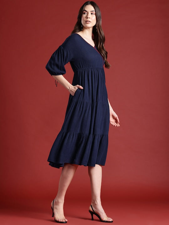 All about you Puff Sleeves Tiered Midi Wrap Style Dress
