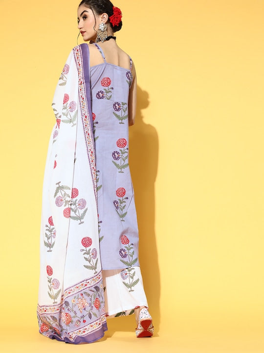 Yufta Women Blue & White Floral Handblock Printed Empire Cotton Kurta Set & Dupatta