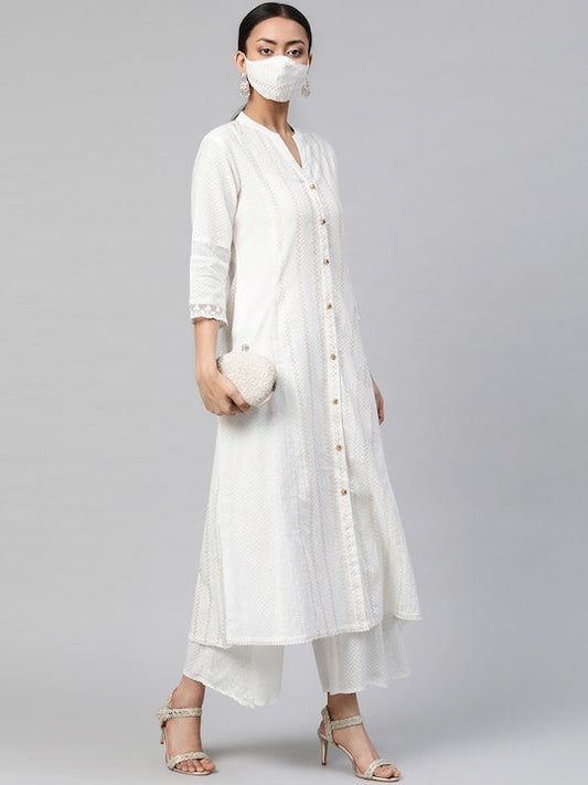 Juniper Women White Beige Dobby Weave Cotton A-Line Kurta Scrunchie