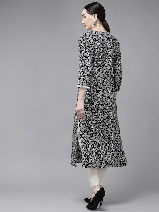 Yufta Women Black & Grey Ethnic Motifs Printed Mirror Work Kurta