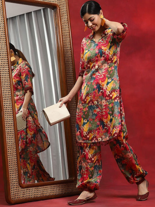 AKS Couture Floral Printed Shirt Collar Regular Pure Cotton Kurta With Salwar