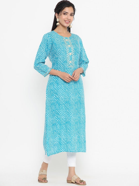 Yufta Women Blue Leheriya Printed Kurta - M