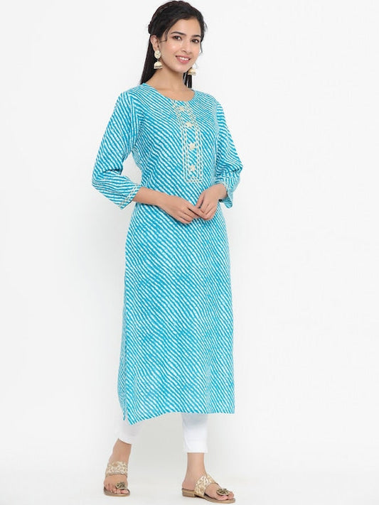 Yufta Women Blue Leheriya Printed Kurta - M