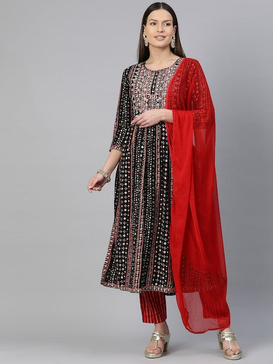 Readiprint Fashions Ethnic Motifs Printed Pleated Sequinned Kurta with Trousers & Dupatta