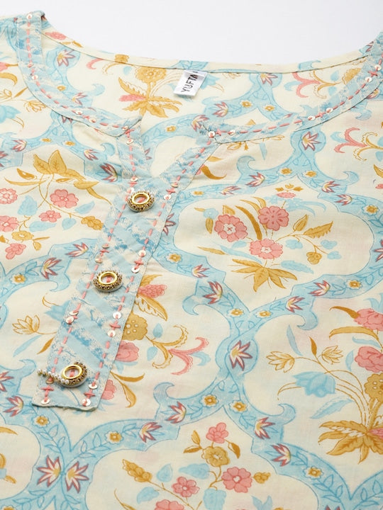 Yufta Women Off White Floral Pure Cotton Kurta with Trousers & With Dupatta