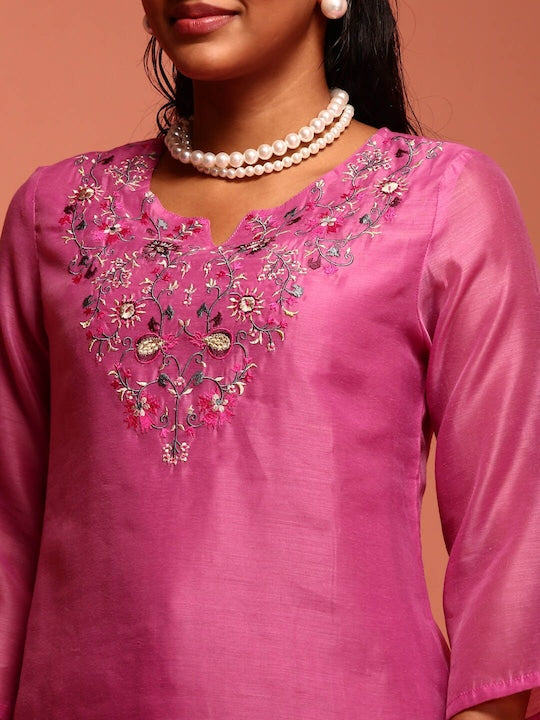 IMARA Ethnic Motifs Yoke Design Thread Work Kurta With Trousers & Dupatta