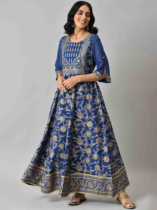 Aurelia Women Blue Floral Printed Ethnic Maxi Dress