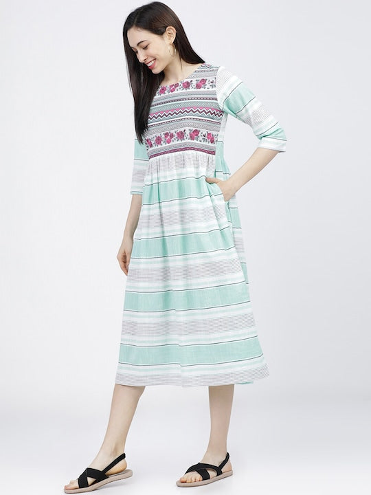 Vishudh Cream-Coloured & Blue Striped A-Line Midi Dress