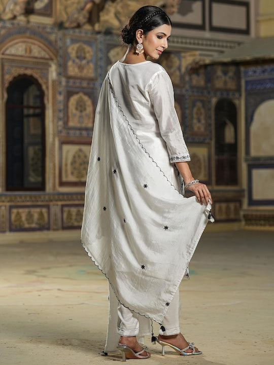 Scakhi Floral Embroidered Dobby Weave Chikankari Kurta & Trousers With Dupatta