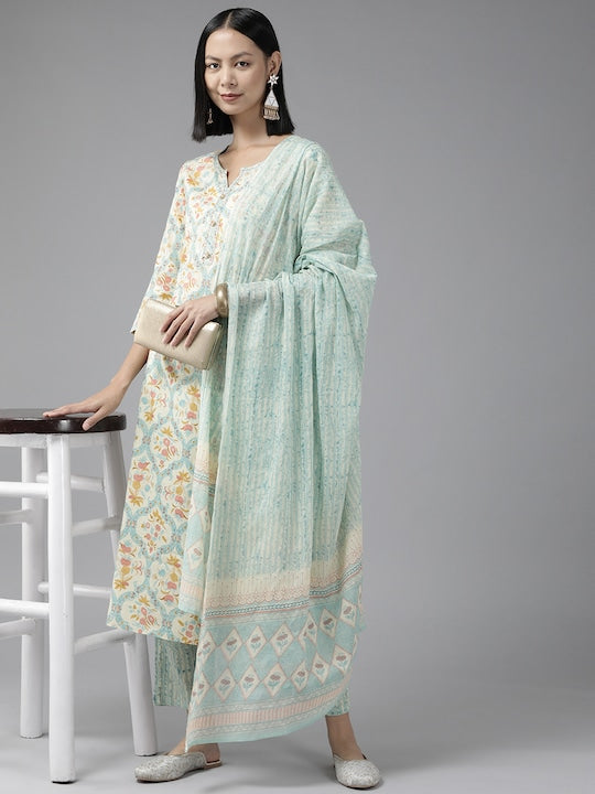 Yufta Women Off White Floral Pure Cotton Kurta with Trousers & With Dupatta