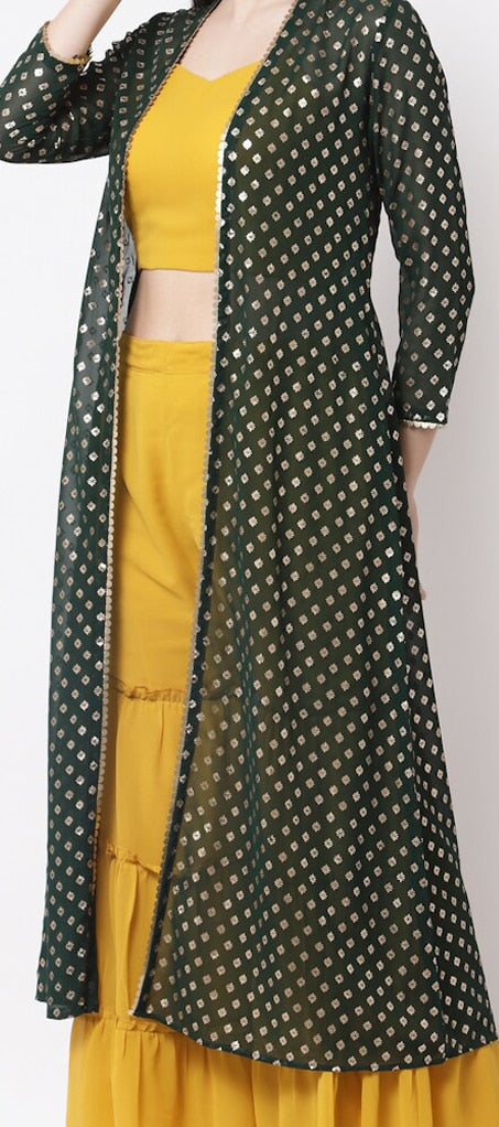 Myshka Women Navy Blue Ethnic Motifs Printed Layered Pure Cotton Kurta with Sharara