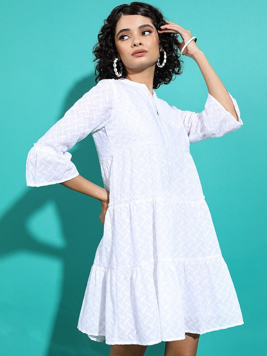 Vishudh White Embroidered Bell Sleeves Tiered A-Line Dress