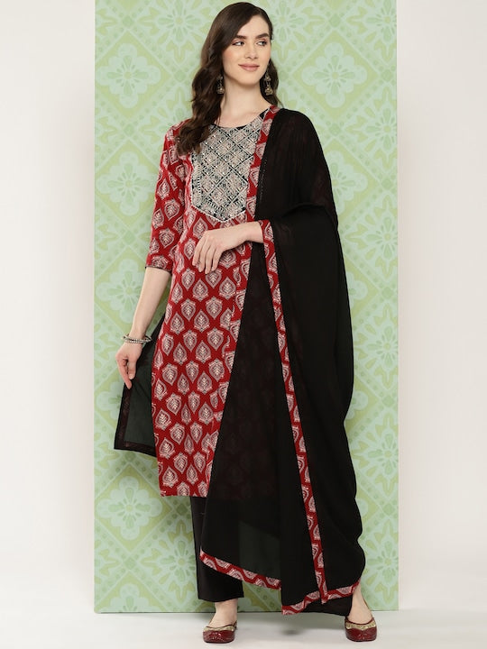 Yufta Women Ethnic Motifs Printed Regular Pure Cotton Kurta with Trousers & With Dupatta