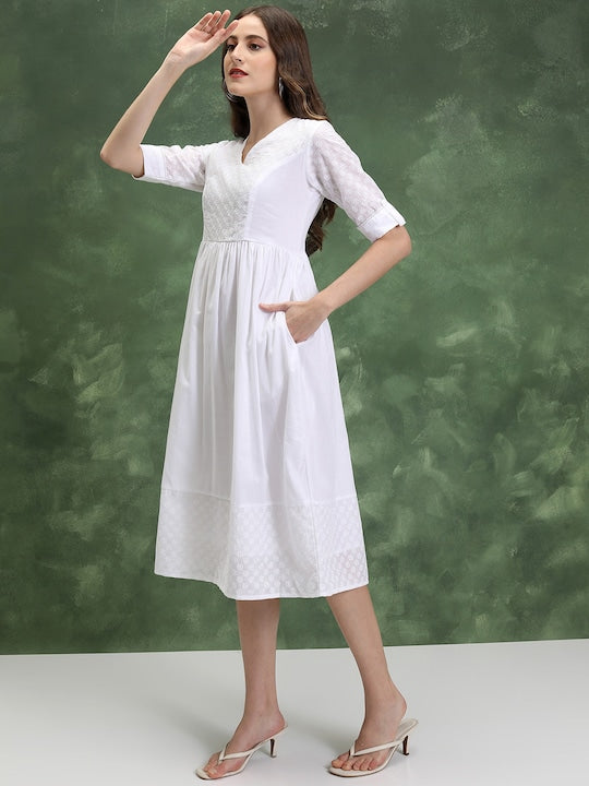 Vishudh Floral Embroidered V-Neck Cuffed Sleeves Gathered Detail A-Line Dress