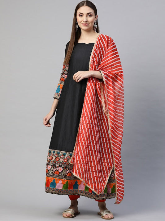 Myshka Women Black Embroidered Detail Anarkali Kurta With Dupatta