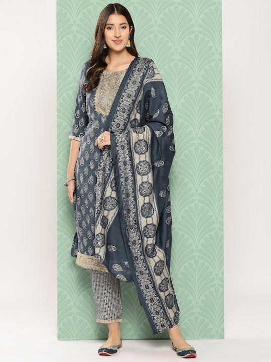 Yufta Women Ethnic Motifs Yoke Design Regular Chanderi Silk Kurta with Trousers & Dupatta