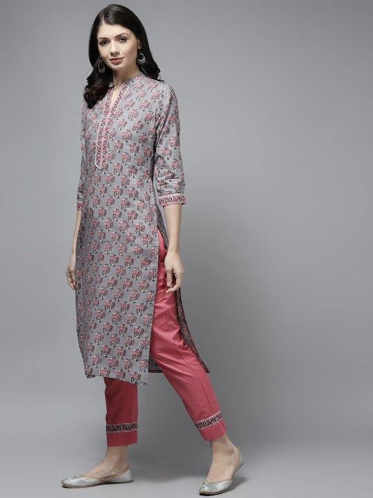 Yufta Women Grey Pure Cotton Ethnic Printed Gotta Patti Kurta with Trousers & Dupatta