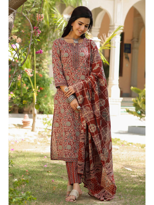 PIROH Womens Floral Print Kurta Pant Dupatta Set (Set of 3)