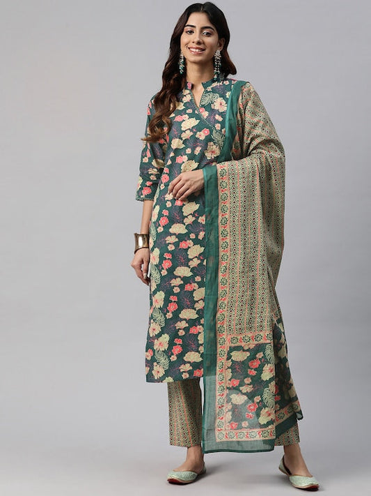Readiprint Fashions Floral Printed Angrakha Sequinned Pure Cotton Kurta Set