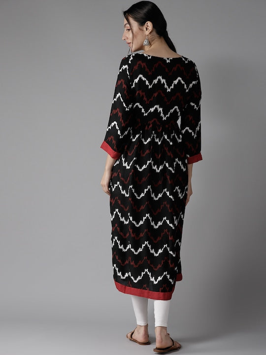 Here&now Women Black & Red Printed A-Line Kurta