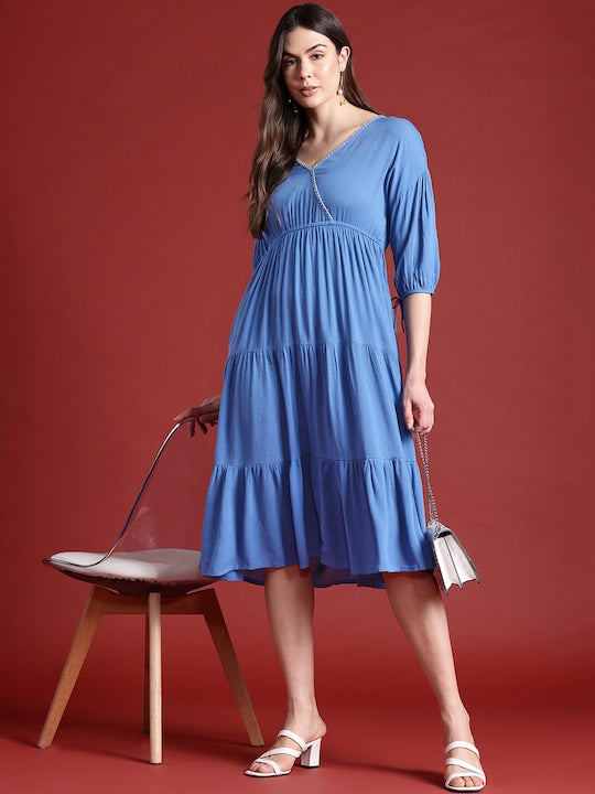 All about you Puff Sleeves Tiered Midi Wrap Style Dress