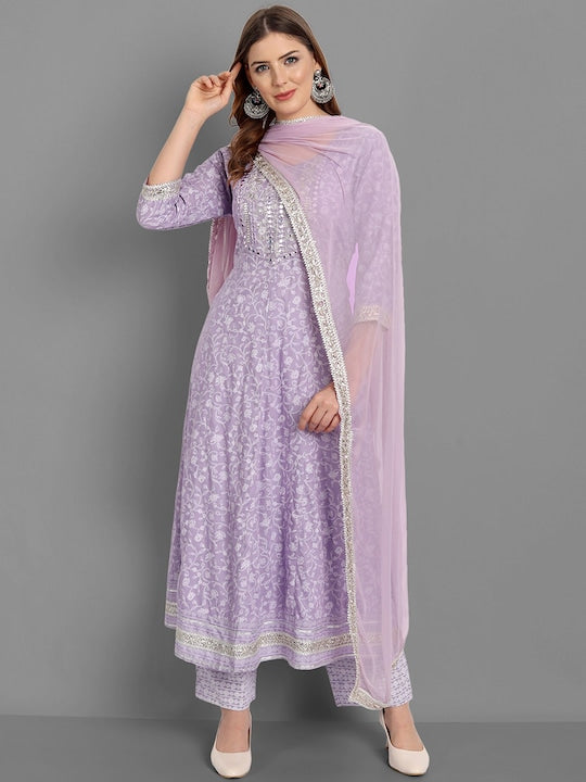 Singni Women Purple Ethnic Motifs Embroidered Mirror Work Kurta with Trousers & Dupatta