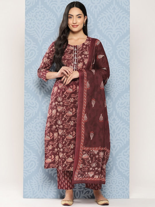 Yufta Floral Printed Regular Gotta Patti Pure Cotton Kurta with Trousers & Dupatta