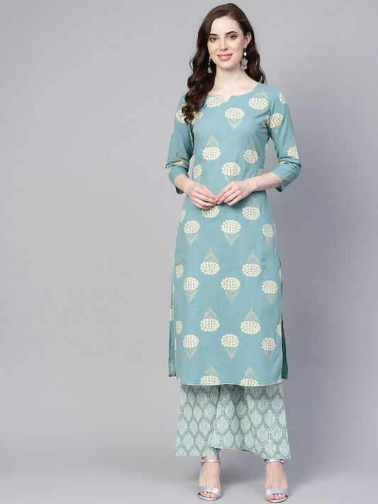 Yufta Women Blue & Off-White Printed Kurta with Palazzos
