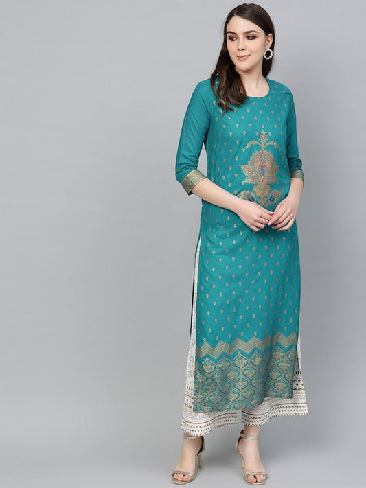 Anubhutee Peacock Blue Kurta Set with Golden Traditional Motifs