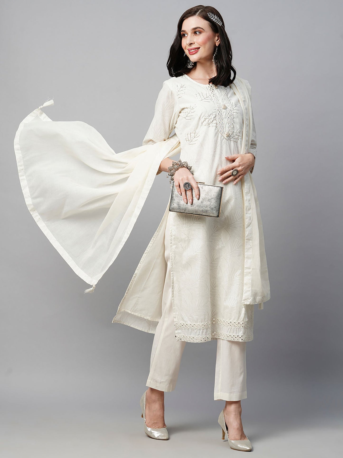 Heeposh White Hand Embroidered Foil Printed Cut Dana Work Kurta with Mulmul Dupatta (Set of 3)