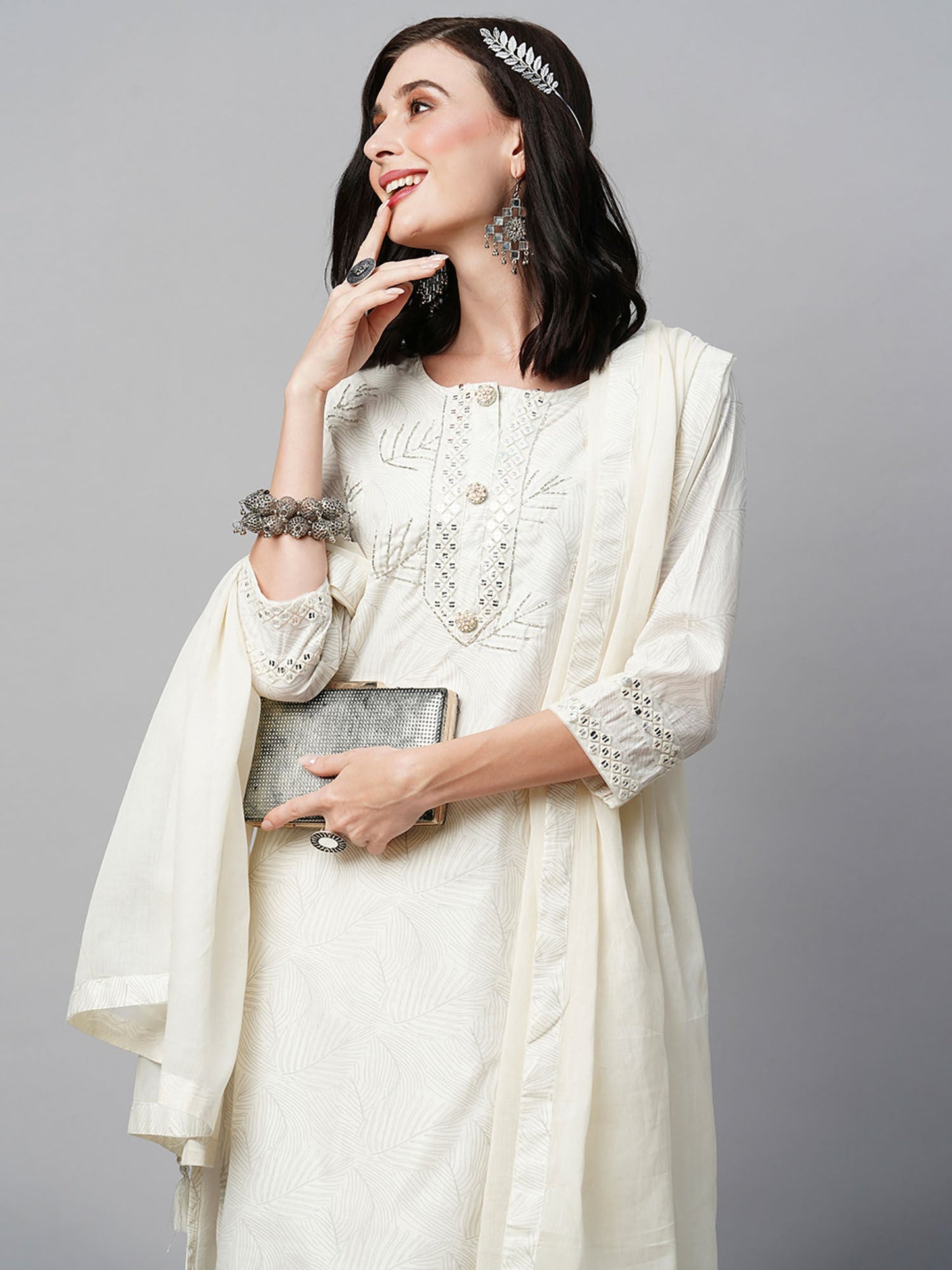 Heeposh White Hand Embroidered Foil Printed Cut Dana Work Kurta with Mulmul Dupatta (Set of 3)