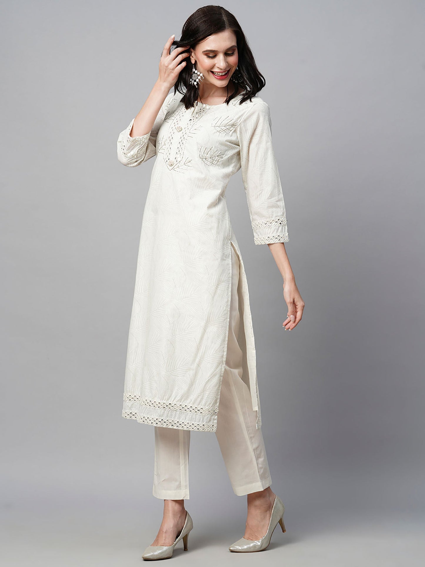 Heeposh White Hand Embroidered Foil Printed Cut Dana Work Kurta with Mulmul Dupatta (Set of 3)