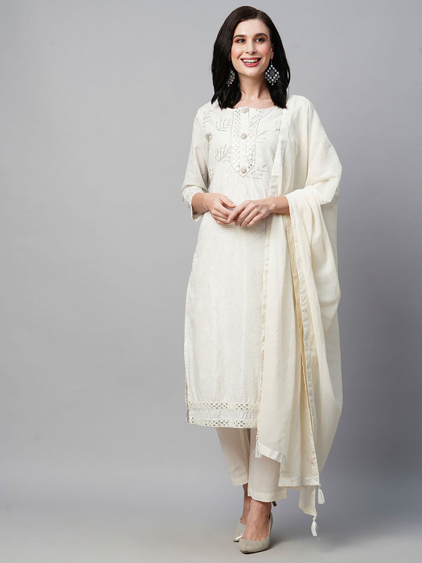 Heeposh White Hand Embroidered Foil Printed Cut Dana Work Kurta with Mulmul Dupatta (Set of 3)