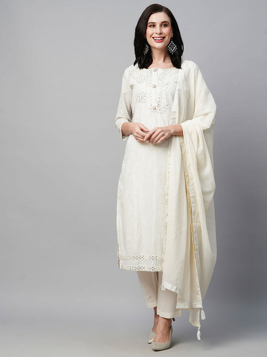 Heeposh White Hand Embroidered Foil Printed Cut Dana Work Kurta with Mulmul Dupatta (Set of 3)
