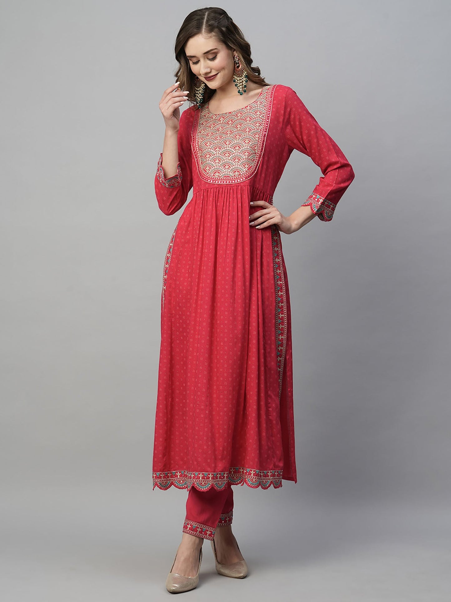 Heeposh Magenta Printed Nayra Cut Kurta with Heavy Embroidery & Chiffon Dupatta (Set of 3)