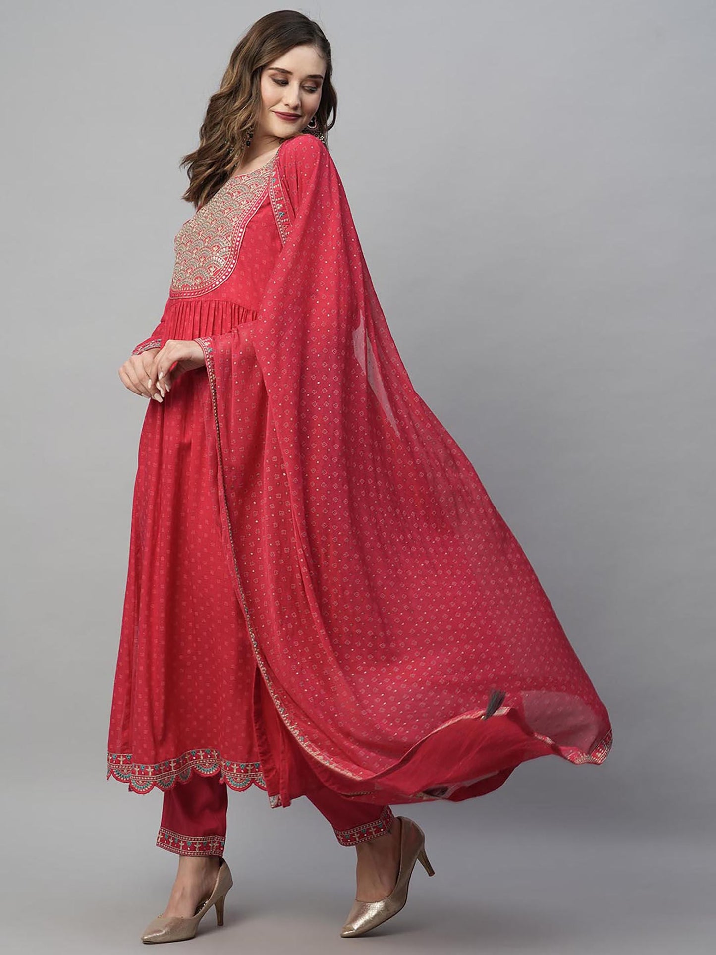 Heeposh Magenta Printed Nayra Cut Kurta with Heavy Embroidery & Chiffon Dupatta (Set of 3)