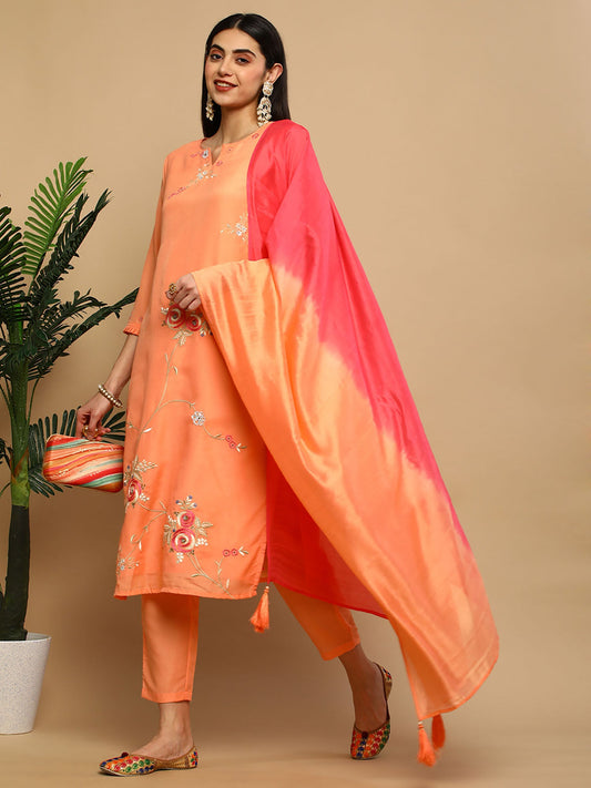 Heeposh Orange Straight Embroidered Muslin Kurta with Thread Work Detailing (Set of 3)