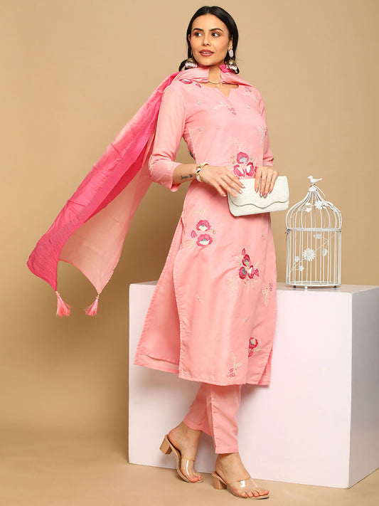 Heeposh Pink Straight Embroidered Muslin Kurta with Thread Work Detailing (Set of 3)