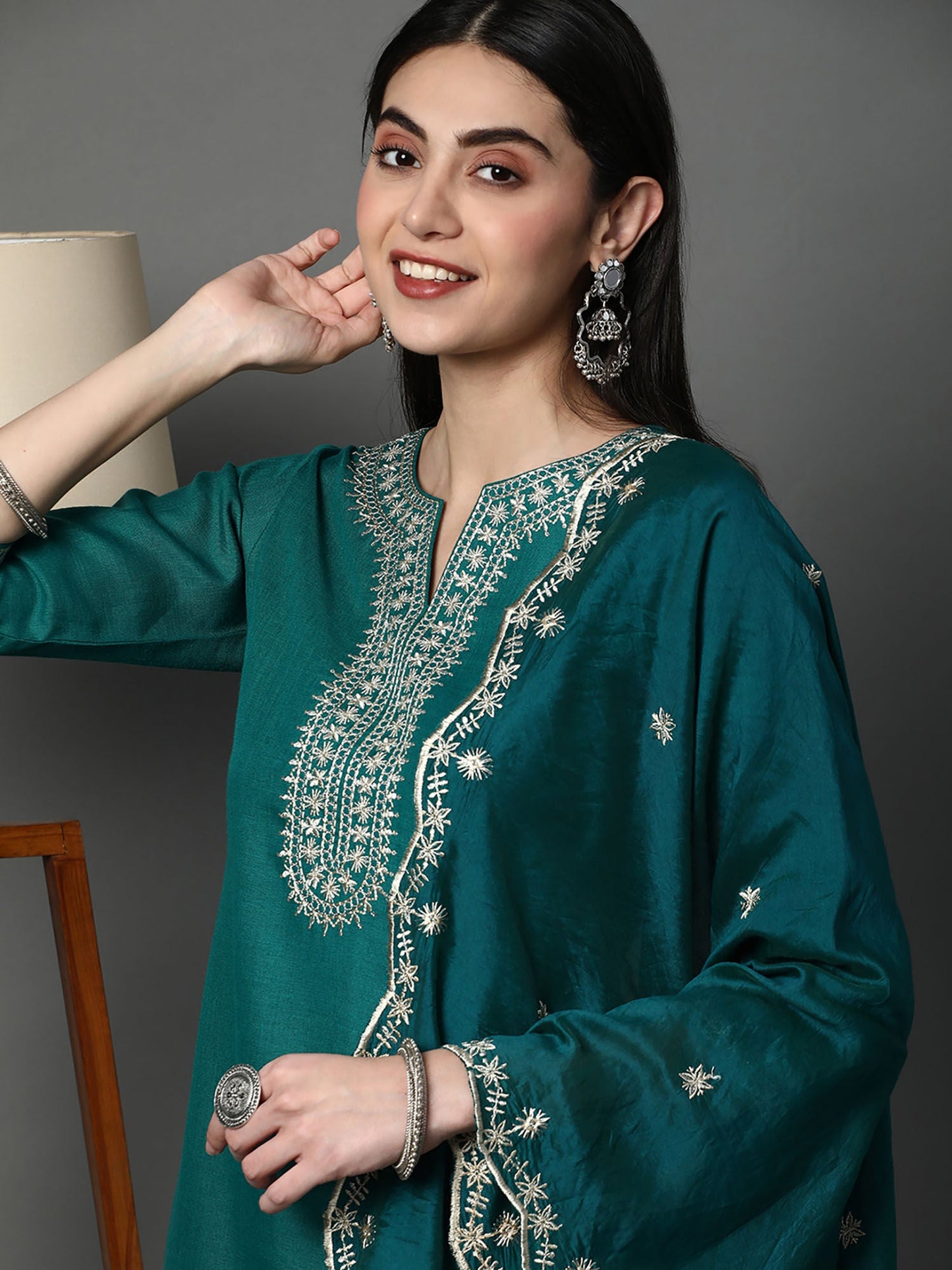 Heeposh Rama Green Embroidered Kurta with Scallop Dupatta (Set of 3)