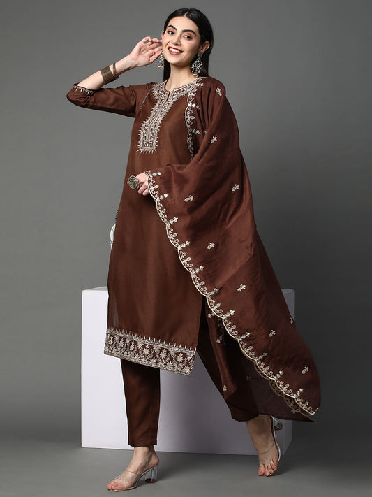 Heeposh Brown Embroidered Kurta with Scallop Dupatta (Set of 3)