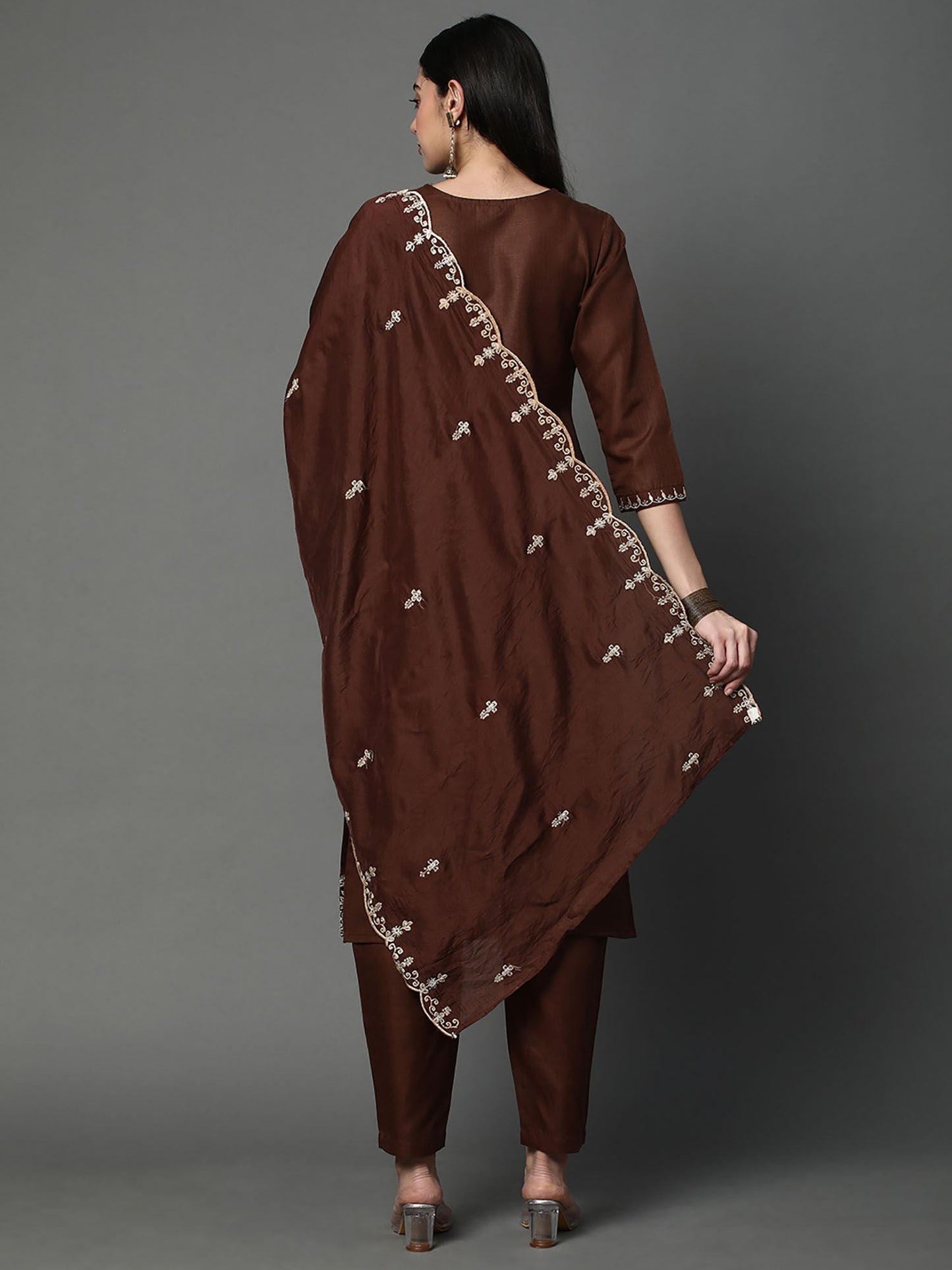 Heeposh Brown Embroidered Kurta with Scallop Dupatta (Set of 3)