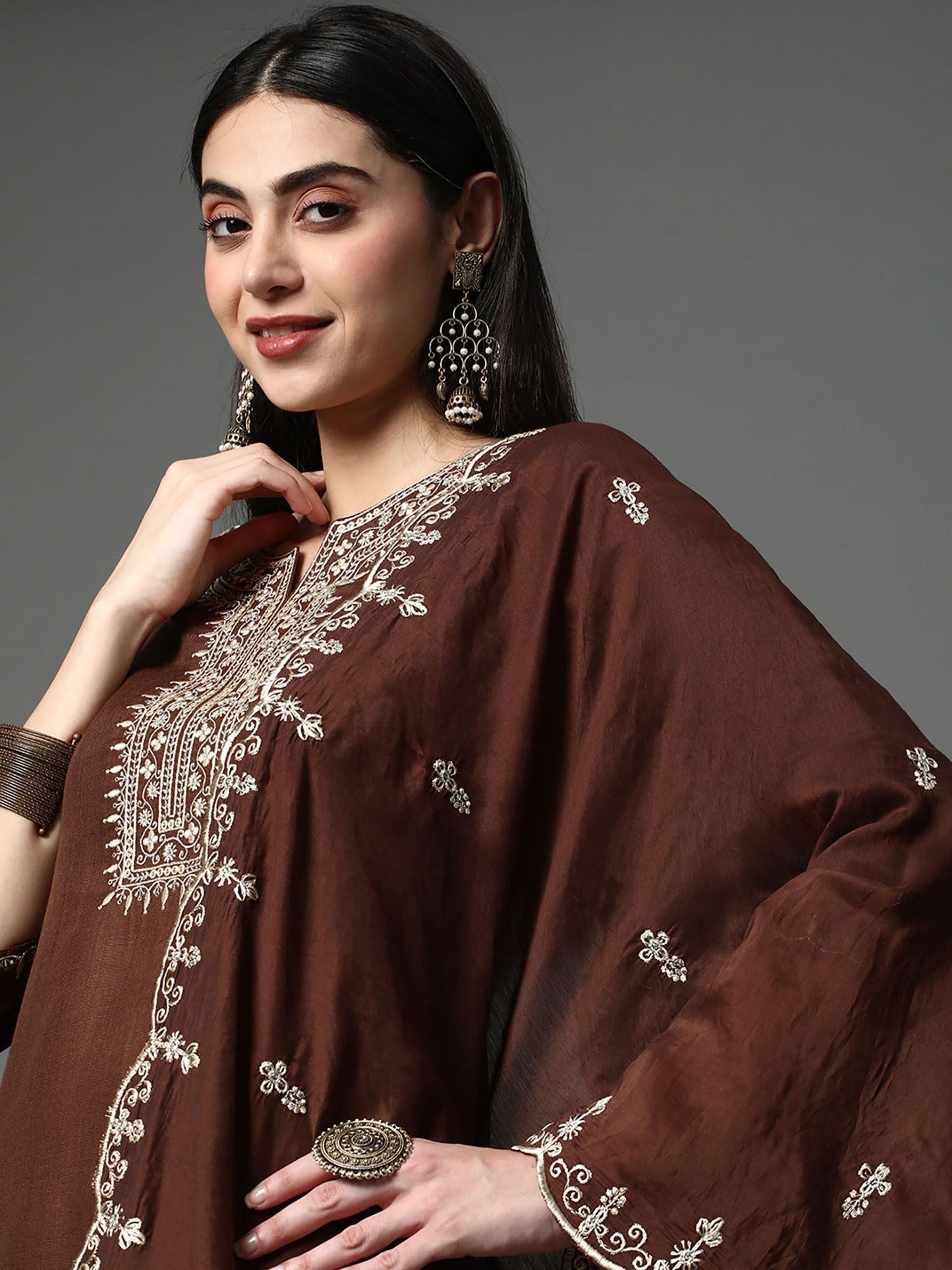 Heeposh Brown Embroidered Kurta with Scallop Dupatta (Set of 3)