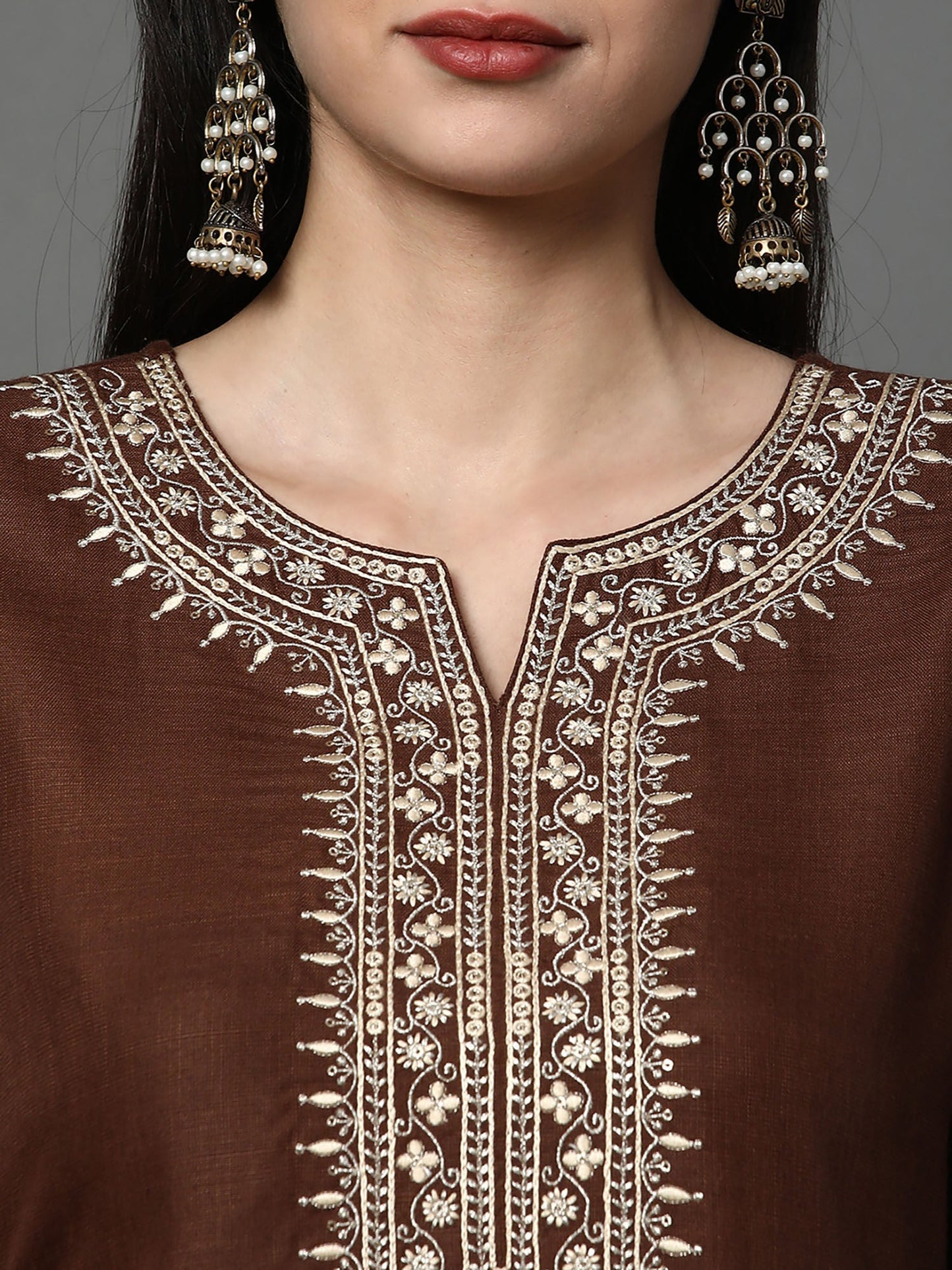 Heeposh Brown Embroidered Kurta with Scallop Dupatta (Set of 3)