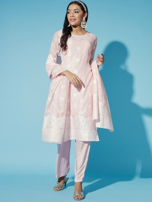 Myshka Embroidered Regular Chanderi Cotton Kurti with Trousers & Dupatta