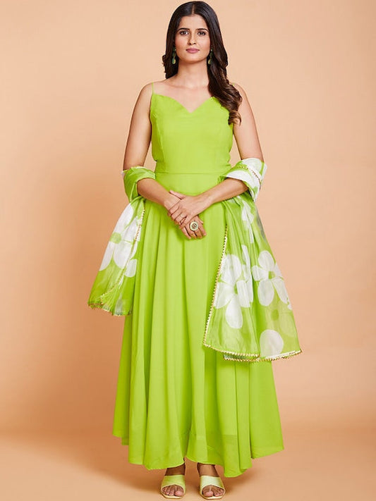 Fusionic Georgette Maxi Length Flared Gown Ethnic Dresses With Floral Printed Dupatta