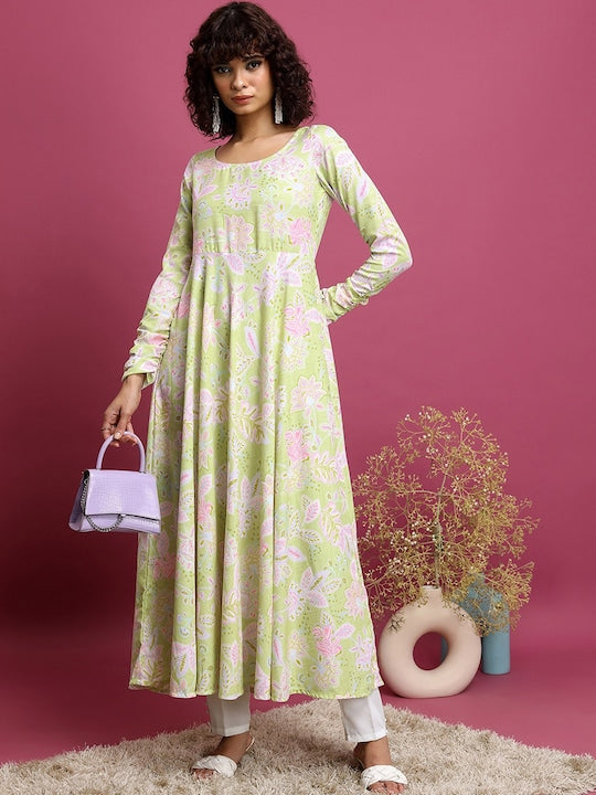 Vishudh Lime Green Floral Printed Kurta