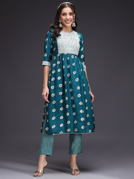 Heeposh Teal Embroidered Yoke Kurta & Pant (Set of 2)